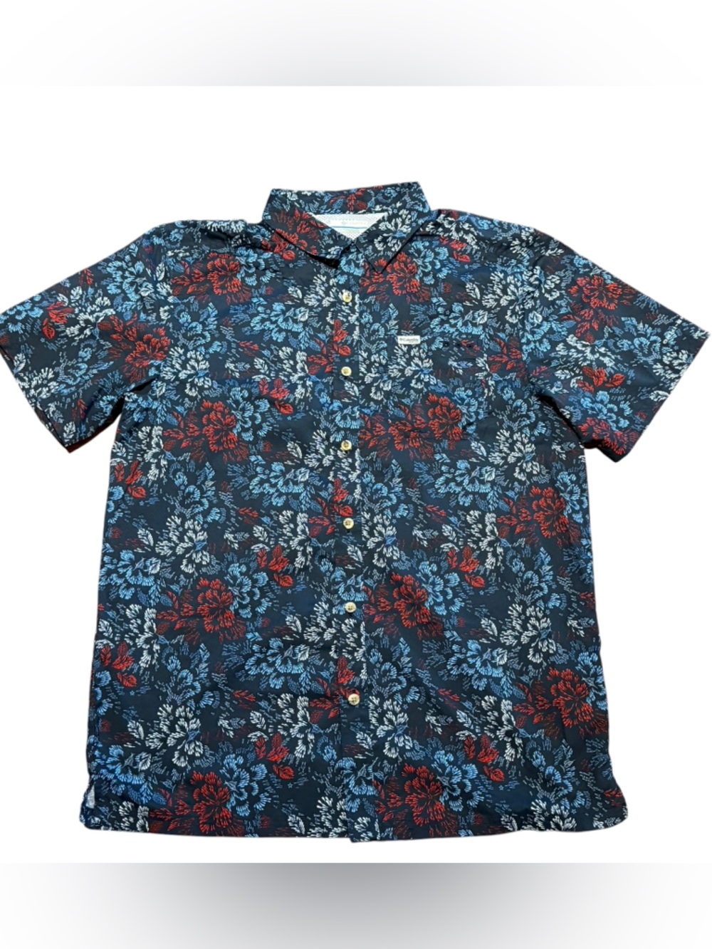 Columbia PFG Men's Medium Navy  Short Sleeve Vented Shirt - Blue & Red